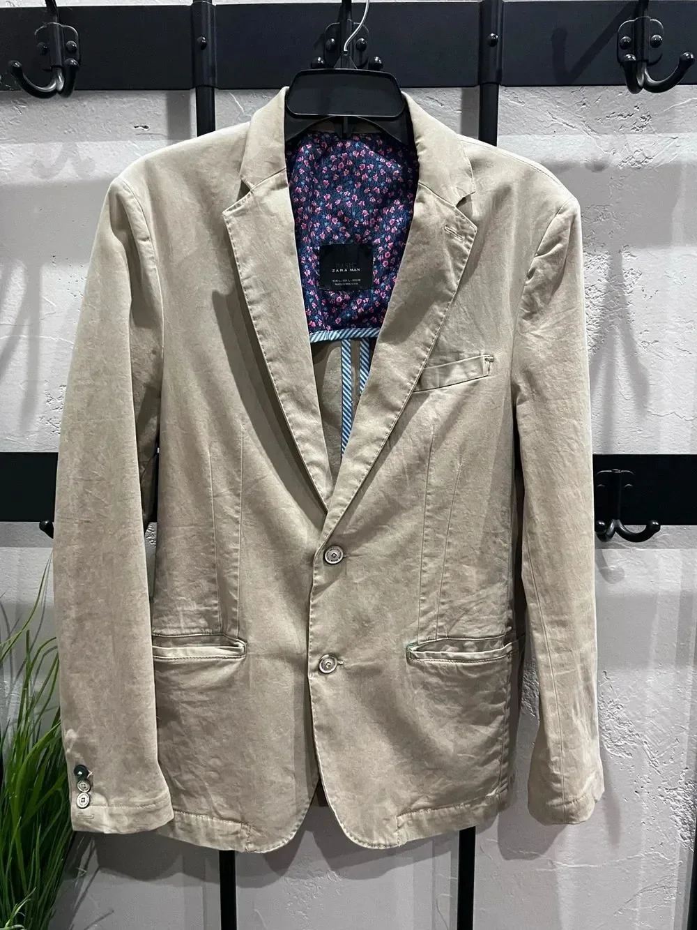 Zara Man Blazer Cotton Denim Tan Khaki Size Large